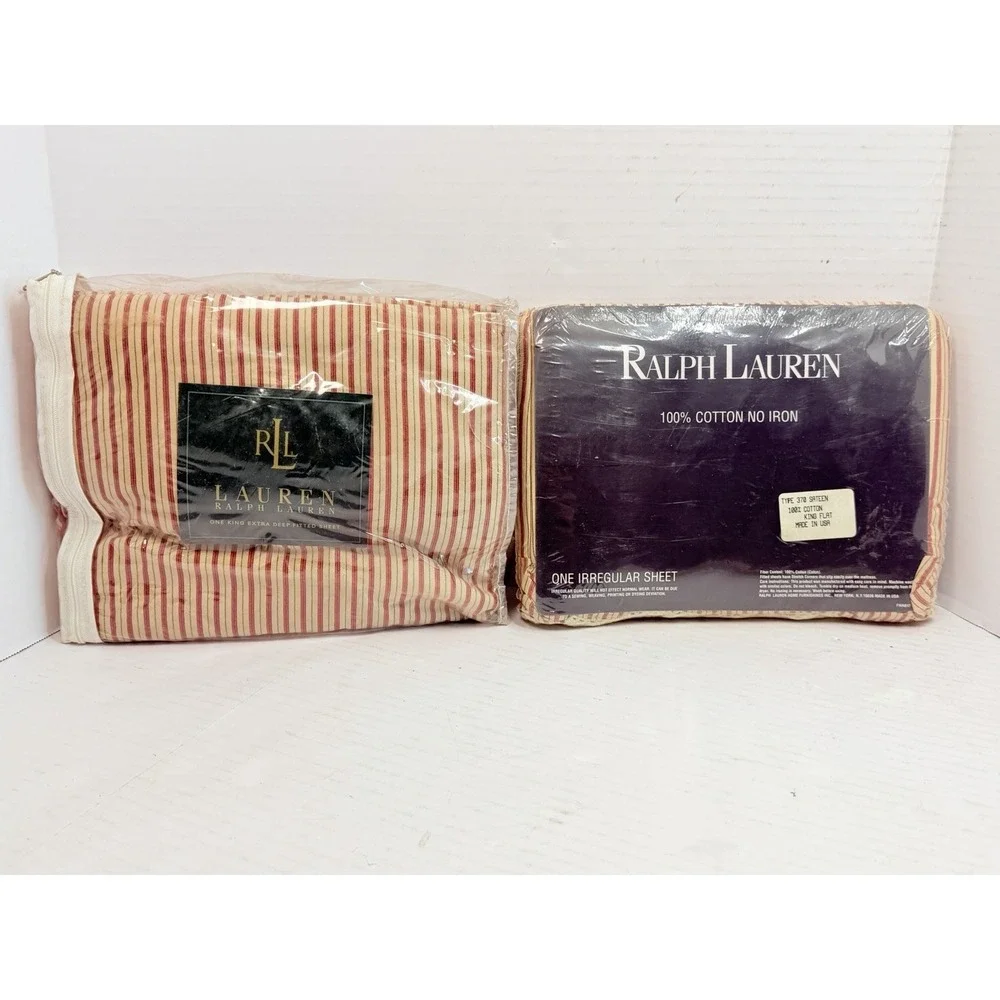Vintage Ralph Lauren King Sheet Set Red Cream Stripe Flat Deep Fitted Cotton NEW